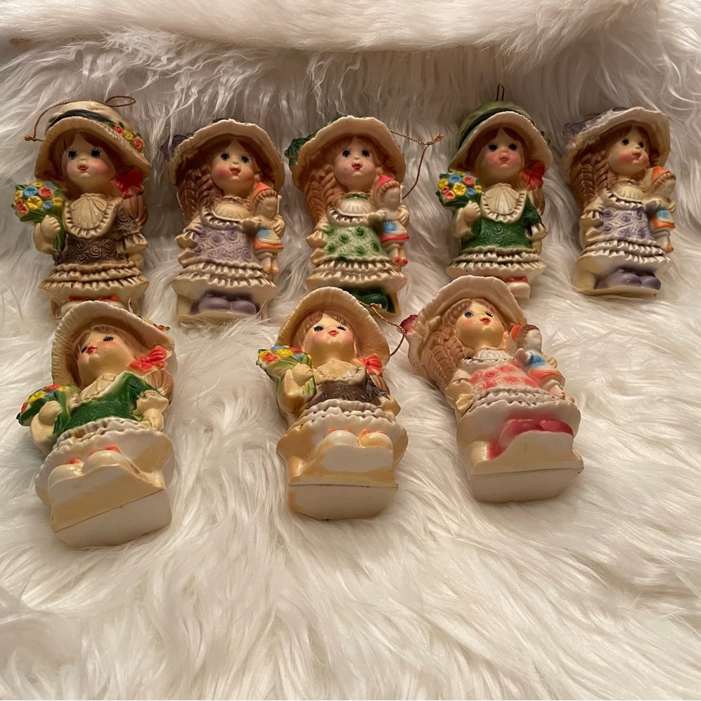 Vintage Victorian girl ornaments celluloid plastic set of 8 Christmas decor